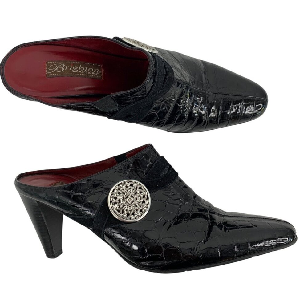 Brighton Womens Black Crocodile-Embossed Leather Heeled Mules 8.5M Italy